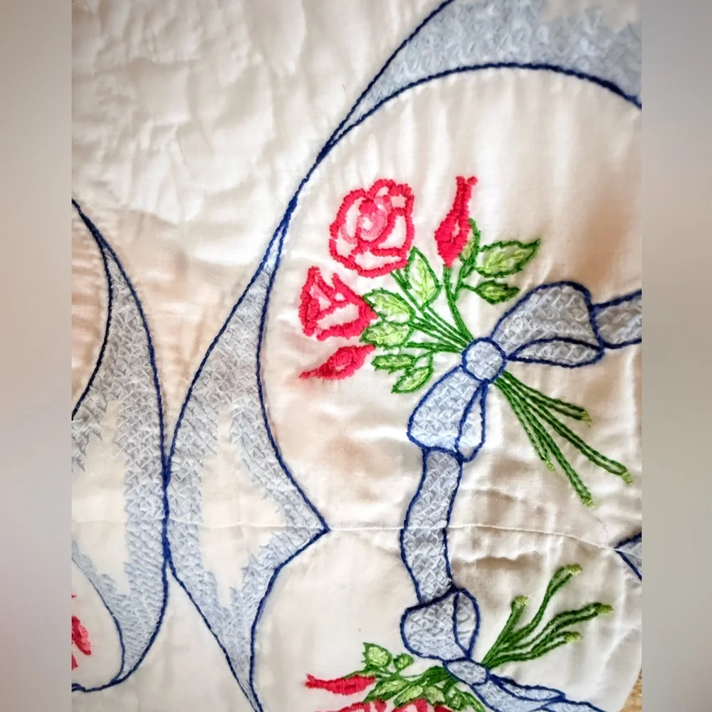 Crib Quilt 44”x29” Floral Embroidered